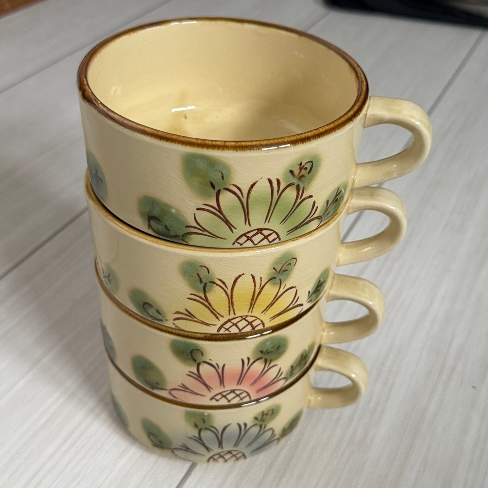 Vintage Japan Hand Painted Stackable Stoneware Soup Mugs Set of 4 Crackle Glaze